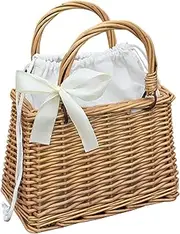 [Whyzsjnclg] Square Basket Purse With Bow, Top Handle Rattan Bag With Cloth Lining, Woven Straw Boho Style Wicker 9.5x5.1x6.3 Inch