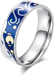 [Generic] The Starry Night Rings Oil Painting Enamel His and Her Jewellery Titanium Steel Romantic Couple Bands