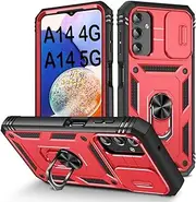 [PASNEW] for Samsung Galaxy A14 5G Case,360° Kickstand & Slide Camera Cover,Military Heavy Duty Full Body Shockproof Hard Shell Protective Cases for Samsung A14 4G,6.6 inch,Red