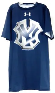 NY Yankees Athletic Tee Shirt Compression Fit Mens S Blue Under Armour MLB