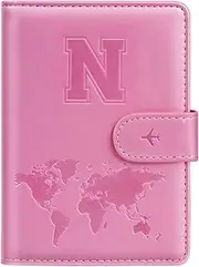 [Simikol] Passport Holder Cover Initail Letter A-Z Travel Wallet 15D Embossed Design RFID Blocking Card Holder Personalized Gift Passport Cover Wallet, Passport Book Holders for Women and Girls, Pink-N, Pink-N