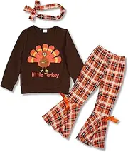 [DAKEIK] Thanksgiving Outfit Toddler Girl little turkey Print Long Sleeve top+Pants +headscarf 3pcs Sets