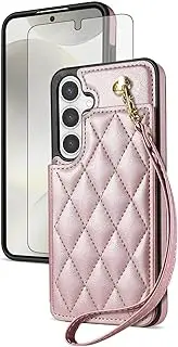[Asuwish] Phone Case for Samsung Galaxy S24/S25 5G Wallet Cover with Tempered Glass Screen Protector and Wrist Strap Credit Card Holder Stand Cell Accessories S 24 24S 25 25S G5 SM-S931U Men Rose Gold