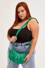 Green Pleated Crescent Shoulder Bag With Stud Decor