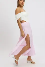 Pink Stripe Tiered Maxi Skirt Elastic Waist Slit Ruffle - Size 16XL, Women's A Line Skirt