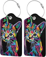 OUZPGAQ 2-Pack Artistic Cat Luggage Tags for Suitcases, Leather Art Style Colorful Animal Baggage Tag with Loop, Funny Cool Name ID Card Cover Travel Bag Labels Set for Women Men Boys Girls Kids