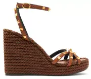 Valentino Rockstud Torchon Brown Rope Ankle Strap Platform Wedge Sandal Heel 41
