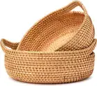 Natural Rattan Bread Basket | Hand Woven Rattan Fruit Baskets (Set of 2) with Ha