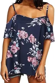 ZANZEA Womens Off The Shoulder Plus Size Top Low Cut Cold Shoulder Sexy Blouse Flowy Spaghetti Strap Summer Swing Shirt