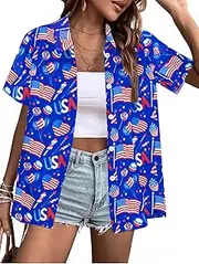 [LUKYCILD] American Flag Shirt Patriotic T-Shirt: Women 4th of July Tops USA Red White Blue Tee Memorial Day Button Down Shirts