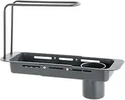 Telescopic Kitchen Over Sink Organizer with Towel Hanger - Sink Dish Drying Rack | Stainless Steel Utensil Holder Organizer | Colander Rack Sponge Holder Storage Tray for Home Kitchen Bathroom