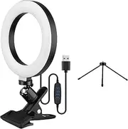 6.3 Inch 2700K-5500K Selfie Ring Video Light with Clamp Mount Tabletop Tripod 3 Dimmable Colors 11 Levels 360 Degrees Rotatable for Desk Bed Office Online Teaching Makeup Black with Tabletop Tripod