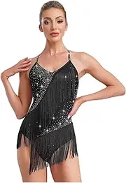 [Loodgao] Women Halter Neck Fringe Latin Dance Dress Glitter Metallic Backless Salsa Ballroom Dancing Costume