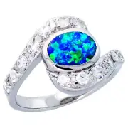 Women Sterling Silver Rhodium Plated Oval Shape Opal Ring CZ stone Accents 14mm