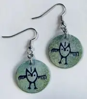 Hand Painted Pitroglyph Green Owl Sea Shell Earring