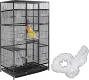 Klmnop Large Bird Cage Cover with 10 Pcs Tray Liners, Adjustable Bird Cage Seed Catcher, Soft Airy Nylon Mesh Net for Parrot Round Square Cages(Black)