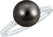 [Rosec Jewels] Real 10 mm Black Pearl Engagement Ring, AAA Quality, Handpicked Pearl Solitaire Ring in Gold Plated Silver - Ready To Gift