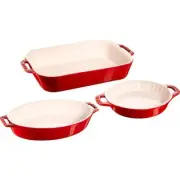 staub Casserole Dish Set 3-Pcs Ceramic Dishwasher Safe Classic Cherry Red Finish