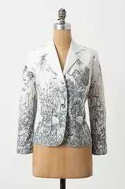 Anthropologie Sea Nettle Off White Gray Print Cotton Lined Jacket Blazer Sz 0