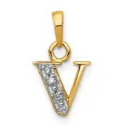 14k and Rhodium Polished .01ct Diamond Initial V Charm