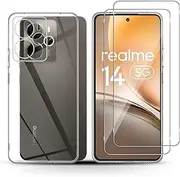 Holilo Case + 2 Pieces Tempered Glass Screen Protector for Realme 14 5G, TPU Mobile Phone Case Anti-Scratch Thin Protective Case 9H Hardness Glass Screen Protector All-Round Protection
