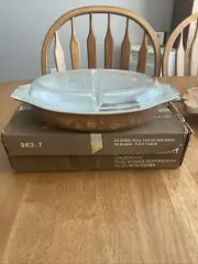 Vintage PYREX Cinderella Oval Divided Serving Dish Brown with lid/ original box
