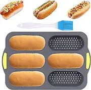 TOWEBOORY Silicone Baguette Pan, 6 Pack Hot Dog Baking Mold with Oil Brush, Loaf Pan Set for Baking French Baguettes Hot Dog Buns, Bread Pan, Non Stick Loaf Pan Tray (Gray)