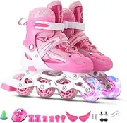 Adjustable Inline Skates for Illuminating Roller Skates Set with Helmet Protective Gear Barricade Wrench for Boys Girls Beginners & Indoor Pink M