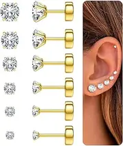 [Milacolato] 6 Pairs 18G Hypoallergenic Earrings Stainless Steel for Women Men Cartilage Helix Earrings Set Round Cubic Zirconia Titanium Earrings Screwback Flat Ball Back Stud Ear Piercing