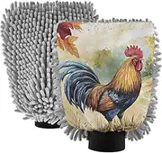 XYMZR Rooster Vintage Farm Absorbent Microfiber Car Wash Mitt, Funny Cute Anime Scratch Free for Cars Cleaning, Home Cleaning Mitts, 2 Pack, 10.24” L x 7.09” W