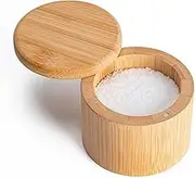 Riavzau Bamboo Salt Cellar, Maldon Sea Salt Box with Magnetic Swivel Lid, Round Salt Container for Storing Salt Pepper Sugar Herbs,6 Ounce Capacity