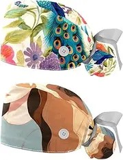 [YTYVAGT] 2-Pc,Nurse Scrub Caps,Scrub Hats with Buttons and Cotton Sweatband,Floral Peacock