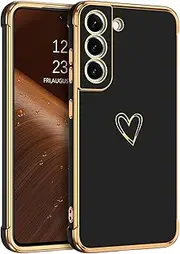 [GUAGUA] Case for Samsung Galaxy S21 FE, Galaxy S21 FE Case Luxury Electroplate Edge Bumper Cute Heart Pattern Phone Cover for Women Girls with Camera Protection & 4 Corners Shockproof 6.4 Inch,Black