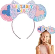 [dinghaole] Mickey Mouse Ears Headband, Bow Headband Birthday Party Decoration Cartoon Club Christmas Party Cosplay, Sequin Bow Headband for Girls Princess Birthday Party Decoration Trips(Birthday Girl)