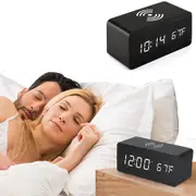 Digital Alarm Clock Wooden Table Desk Bedside LED Clock with Wireless Charger
