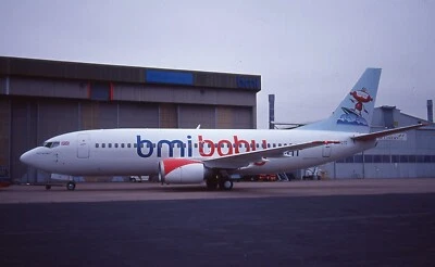 AIRCRAFT COLOUR SLIDE N1508 BMI BABY BOEING 737 reg G-TOYD BILLBOARD LOGO