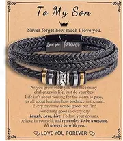 [DIOWUS] To My Son Man Boyfriend Husband Dear Dad Always Remember Bracelet, Trendy Simple Black Three Layered Stacked Braided Leather Bracelet for Boys Holiday Jewelry Gifts