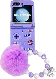[eglixu] Samsung Galaxy Z Flip 5 Case, Cute Cartoon Design for Galaxy Z Flip 5 Candy Colors Phone Case Cover with Pearl Plush Wristband (Purple Chain)
