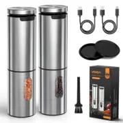 Electric Salt and Pepper Grinder Set Rechargeable Stainless Steel, LED Light, 10