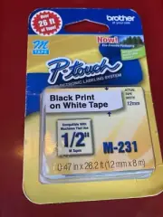 Brother M-231 P-Touch Label Tape 1/2" Black on White New Sealed