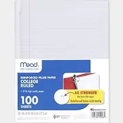 Mead Filler Paper, College Ruled, Reinforced, 10-1/2" x 8", Loose Leaf, 3 Pack (38037)