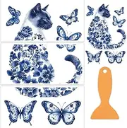 OLYCRAFT 3Pcs/Set Cat Rub on Transfers for Furniture and Crafts 12x6 Inch Blue White Porcelain Furniture Decals Decor Flower Transfer Stickers with 1pc Scraper for Scrapbook Window DIY Home Decor
