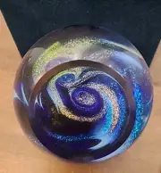 Glass Eye Studios Celestial Blue Planet Art Glass Paperweight 3” NEW IN BOX