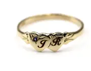 Size 6 M 9ct Yellow Gold Blue Sapphire Double Heart Signet Ring + Engraving GR