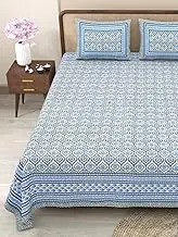 Marusthali indian handblock printed bedsheets traditional print bed sheet cotton bed sheets for king size bed jaipuri cotton bedsheet 180 tc soft bed sheet 90 x 108 inches (Blue)