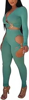 [Mintsnow] Women Sexy Two Piece Outfits Tracksuit Ribbed Cut Out V Neck Long Sleeve Crop Top Bodycon Pants Sets Sweatsuit