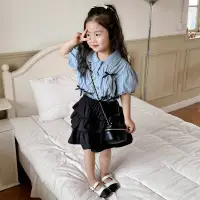 在飛比找蝦皮商城精選優惠-90-140中小童裝 女童夏季套裝 新款韓版女寶寶蝴蝶結襯衫