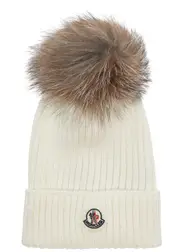Moncler Kids Pompom Ribbed Wool Beanie - White L