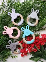 Baby Teether Chew Toy Organic Food Grade Natural Wood & Silicone Infant Teething