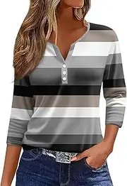 [Valtorixia] 3/4 Length Sleeve Women Henley V Neck Tops Casual Length Button Down Shirt Floral Print Blouses Plus Size Trendy Comfy Tees (Color-b-5,Medium)